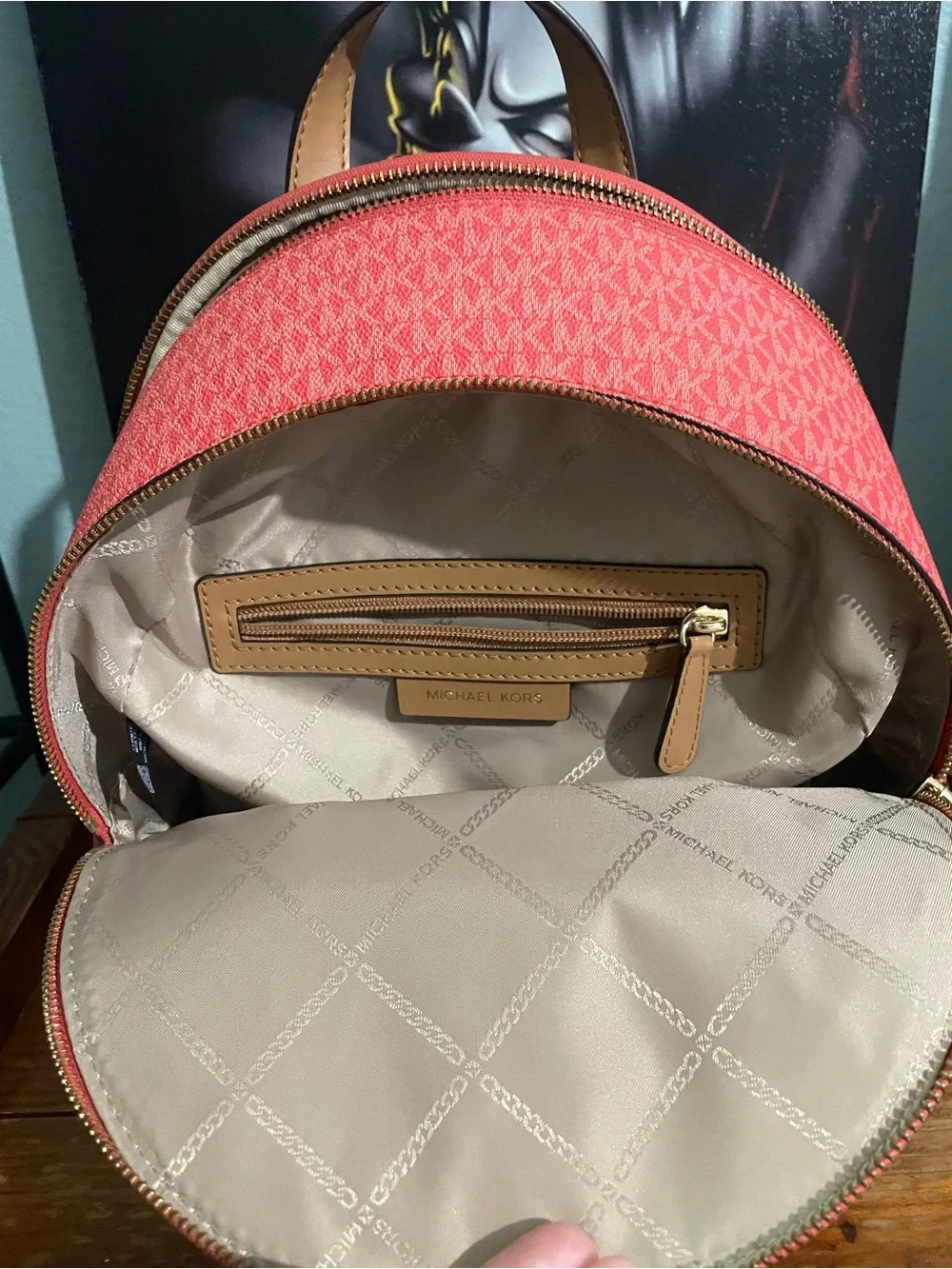 Michael Kors Cream, Red and Brown Signature Logo Backpack